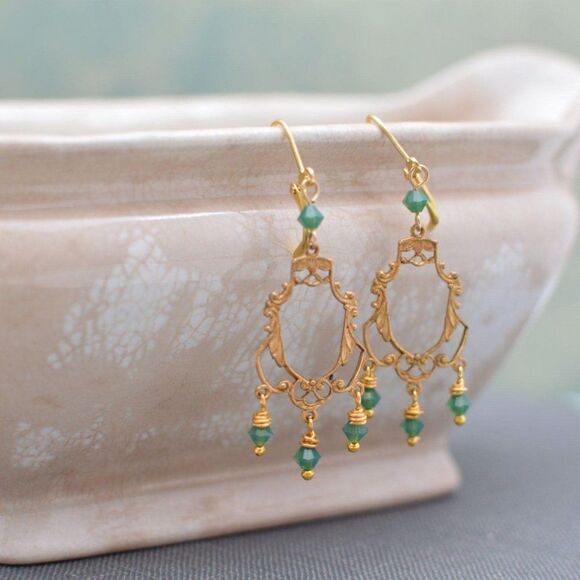 Gold Art Deco Filigree Chandelier Earrings - Picture 2 of 2